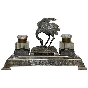 Fine Antique Victorian Silver Plate Crane Bird Inkwell Stand After James Deakin