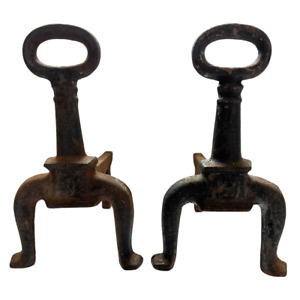 Set Of 2 Antique 3 Cast Iron Fireplace Keyhole Andirons