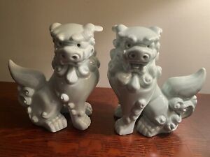 Pale Celadon Color Glazed Porcelain Foo Dogs Excellent Vtg Condition 6 Pair