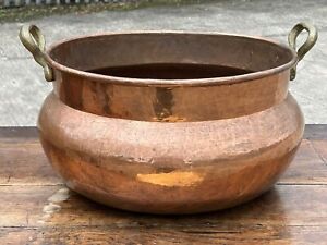 Antique 19th Century Riveted Copper Cauldron Log Bucket Planter Brass Handles