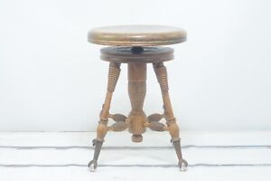 Antique Vintage Mahogany Piano Stool Glass Ball And Iron Claw Feet Turned Leg