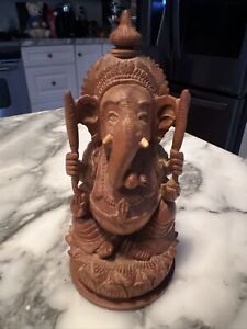 Ganesha Hand Carved Wooden Statue For Hindu God Holy Luck Wealth And Protection