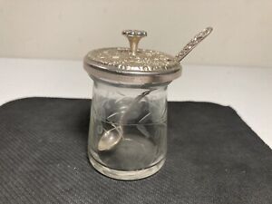 S Kirk Son Etched Glass Jam Mustard Jar Sterling Silver Repousse Lid Spoon