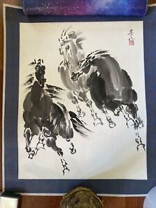 Antique Vintage Japanese Multi Horse Painting Black White Signed