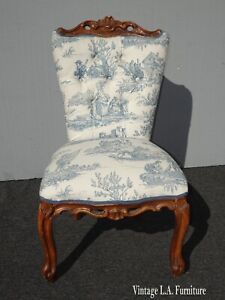 Vintage French Country Shabby Chic Toile Blue And White Vanity Chair Side Chair