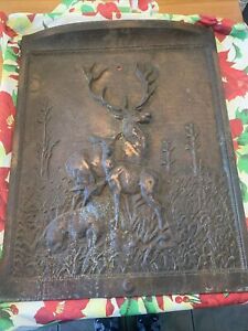 Antique Cast Iron Summer Fireplace Cover Door Bull Elk Calves 25 X 20 Rare