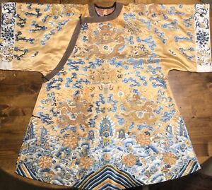 Antique Qing Chinese Embroidered Silk Dragon Robe Yellow Gold Imperial Court