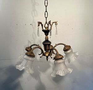 Antique Vintage Bronze Chandelier French Empire W Petticoat Glass Shades