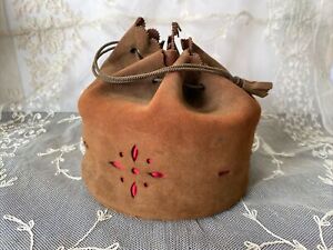 Handmade Antique 19c Brown Suede Starched Collar Bag Monogrammed Lining