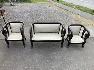 Antique Rosewood Empire 3 Piece Parlor Set Claw Feet Curved Carved Settee Chairs