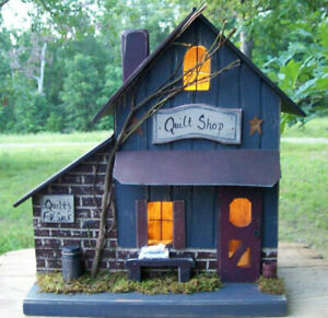 Quilt Shop Lighted House Primitive Birdhouse Antique Quilt Farmhouse
