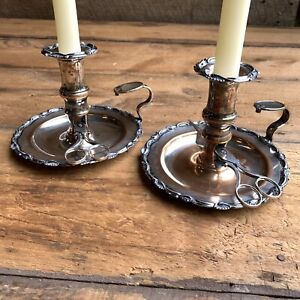 2 Silver Plate Antique Chamber Candlestick Holders W Snuffer Trimmer Scissors