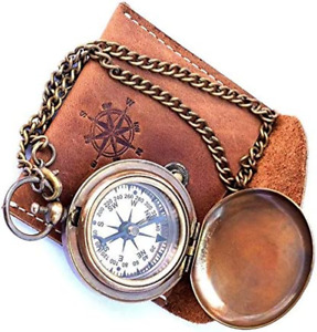 Handmade Nautical Brass Push Open Compass On Chain With Leather Case Pocket Comp