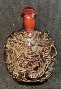 Vintage Chinese Carved Dragon Snuff Bottle Cherry Amber Color Bakelite Or 