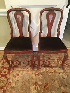 Pair Early Venetian Painted Rococo Chinoiserie Side Chairs Gilt Wood Italian