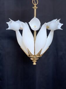 Murano White Italian Chandelier Striated Tulip Calla Lily Bouquet Brass