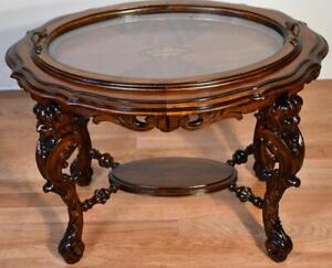 1920 Antique French Carved Walnut Satinwood Coffee Table With Glass Tray Top