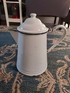 Antique White Enamelware Coffee Pot Graniteware Made 1870 To 1930s