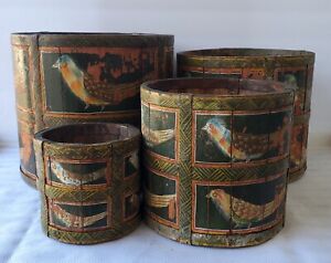 Rare Set Of Four Antique Nested Wooden Painted Firkin Grain Measurement Buckets