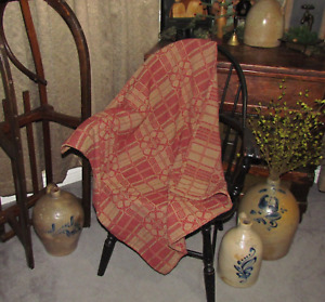 Prim Antique Vtg Style Red Cotton Yorktown Woven 32 Coverlet Square Rq3rss