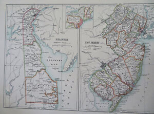 Delaware New Jersey States 1890 Scarce Folio Scribner Black Color Map