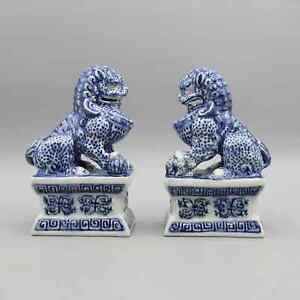 Hand Painted Ceramic Foo Dogs Guardian Lions Blue And White Ceramics