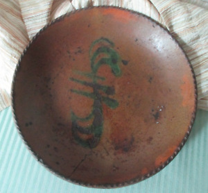 Antique Pa Redware Primitive 8 Dish Or Plate W Primitive Green Slip 19thc