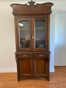 Antique China Cabinet W Glass Doors 3 Shelves Cabinet 2 Drawers