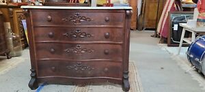 Antique Serpentine Front Chest Of Drawers Marble Top Carved Rosewood