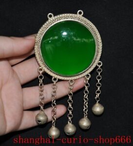 China Dynasty Tibetan Silver Green Gem Cloisonne Hulu Gourd Clock Bell Pendant