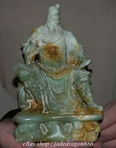 7 6 Old Chinese Marked Green Jade Carving Sit Guan Gong Yu Warrior God Statue