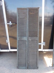 Pair Victorian Louvered House Window Shutters Crackled Paint Surface 74 X 13 