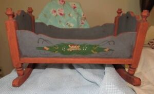 Vintage Small Wood Doll Cradle With Primitive Hand Painting On It