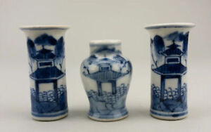 Antique Chinese Blue And White Miniature Vases Qing Kangxi Revival