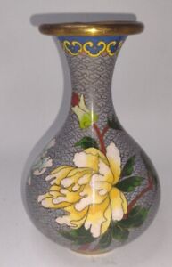 Vintage Chinese Cloisonn Vase Chrysanthemum Famille Noire 6 