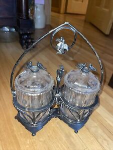 Antique Victorian Meriden B Silver Plate Glass Double Pickle Castor Dove Finials