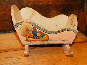 Antique Vtg Hand Crafted Painted Wooden Rocking Doll Cradle Crib Wynken Blynken