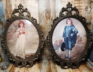 Vtg Pair Metal Bronze Scroll Frame Bubble Convex Wall Pictures Man Woman 17 