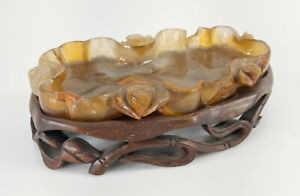 Antique Chinese Carnelian Agate Carved Brushwasher Lotus Form Wood Base As Is