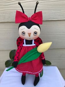 Primitive Folk Art Raggedy Handmade 14 Lady Bug Cloth Doll With Tulip New 