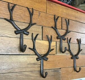 4 Antlers Deer Rack Coat Hooks Keys Leash Jewelry Wall Rustic Cast Iron Hunting