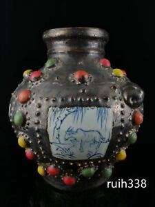 10 China Ancient Porcelain Song Dynasty Bronze Glaze Inlaid Gemstone Pot