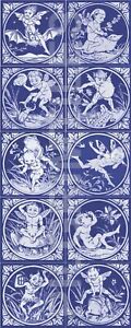 Minton Elfin Kiln Fired Fireplace Tile Set 10 Tiles Blue White