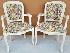  2 Vtg Shabby Chic French Provincial Pearled Fauteuil Floral Tapestry Armchairs