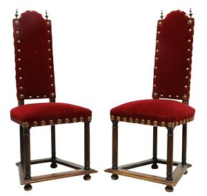 Antique Chairs Red Pair 2 Continental Oak Velvet Side Chairs 1800 S 