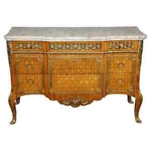 Fantastic Inlaid French Louis Xv Double Thick Marble Top Commode