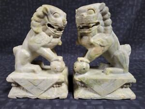 Vintage Pair Of Chinese Hand Carved Soapstone Foo Dog Lion Statues Bookends