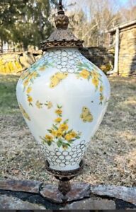 Vintage Hand Painted Milk Glass And Bronze Chandelier Butterflies Yellow Floral