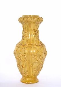 1900 S Chinese Sancai Yellow Glaze Porcelain Vase With Relief Flower Bird
