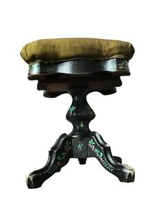 Antique Victorian Piano Stool Bench 1877 Swivel Hand Painted Tapestry Seat